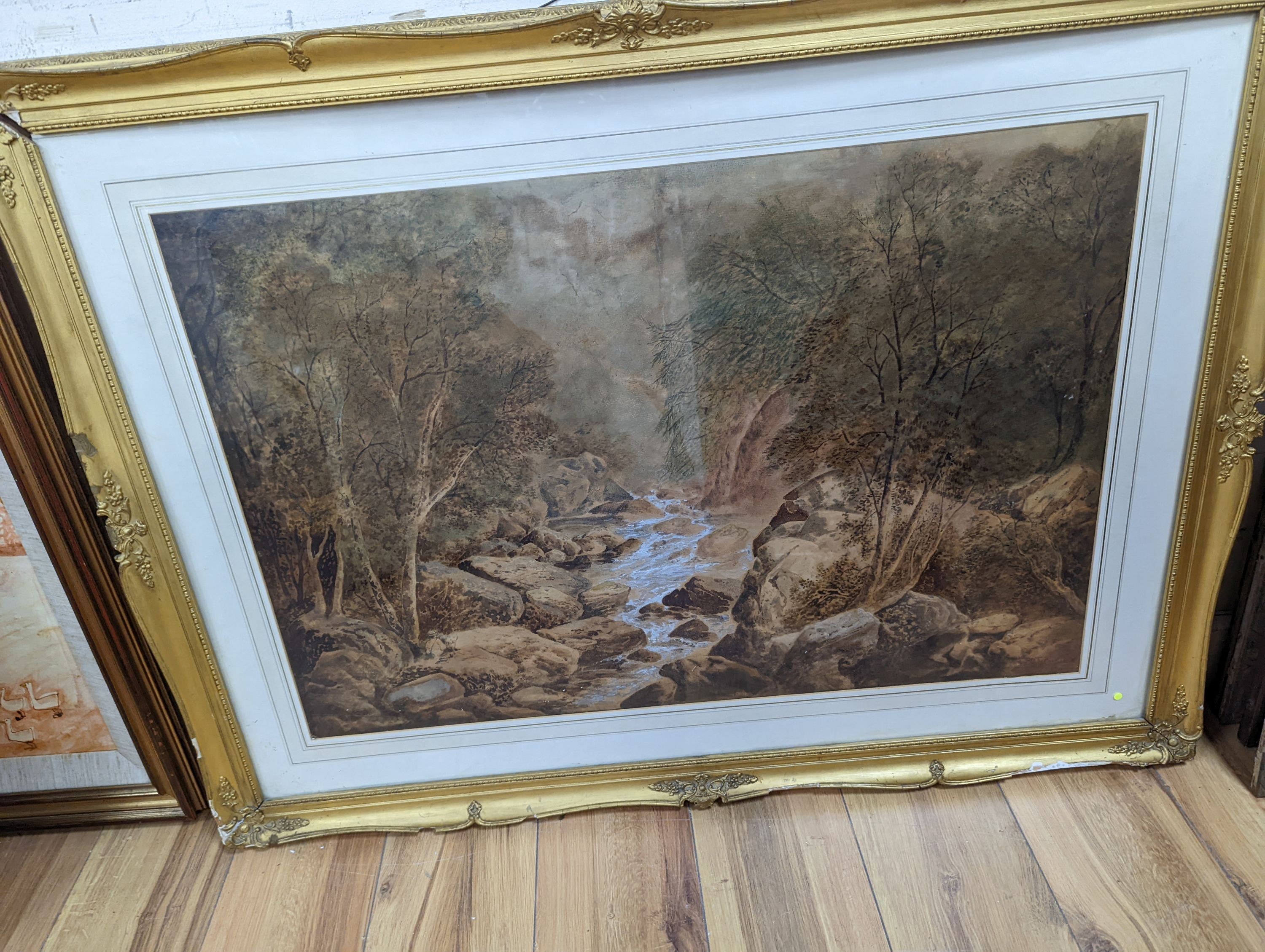 After Turner, watercolour, Artist beside a woodland stream, bears signature, 51 x 77cm, a monochrome print of figures in an Italian valley and a colour print of a village scene